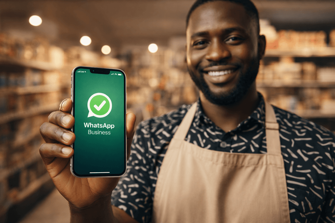 African merchant holding smartphone showing WhatsApp Business with green checkmark in modern shop