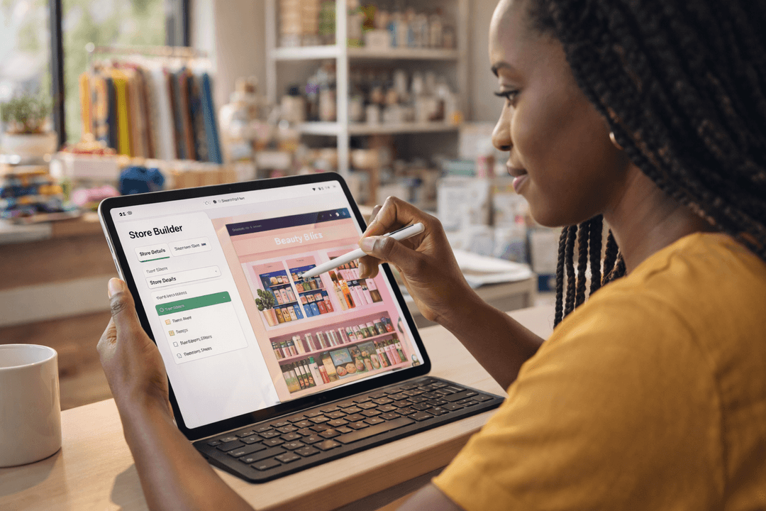 African female business owner customizing storefront on iPad Pro in boutique